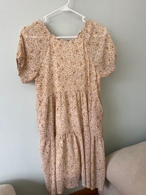 Lightweight Floral Puff-Sleeve Tiered Dress - Cream & Mustard